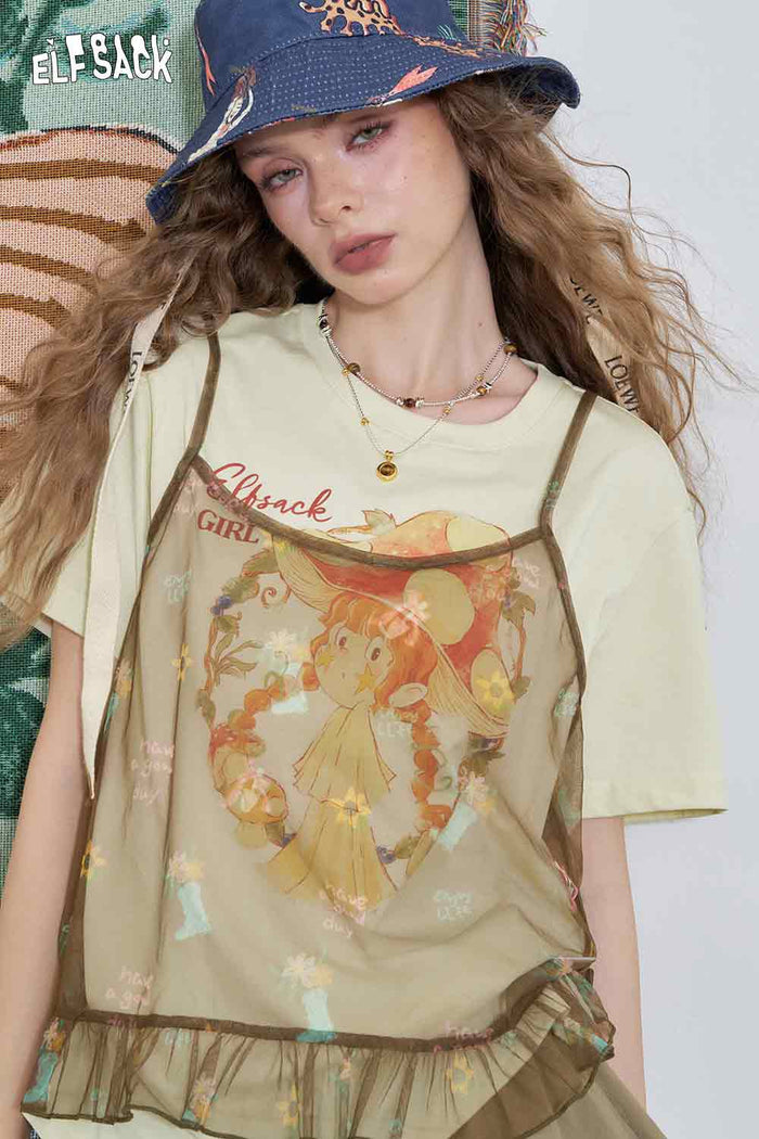 ELFSACK Mesh Cotton Loose Halter Printed Two-Piece T-Shirt