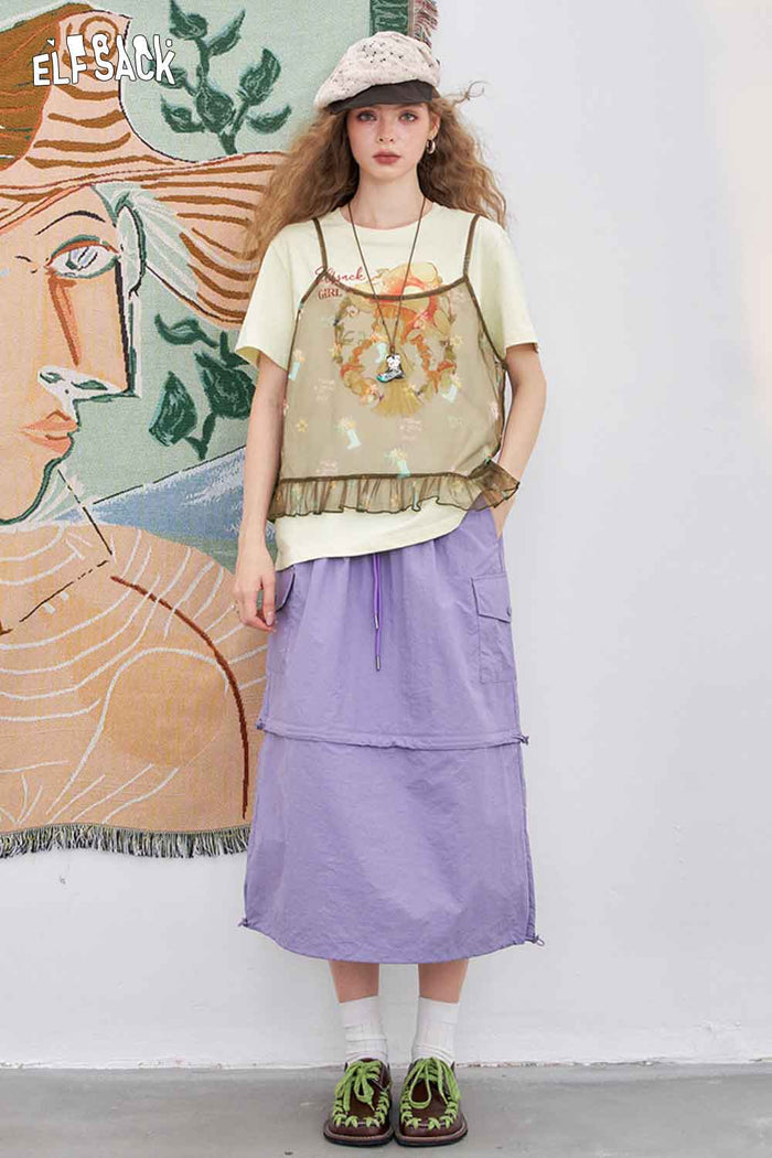 ELFSACK Mesh Cotton Loose Halter Printed Two-Piece T-Shirt