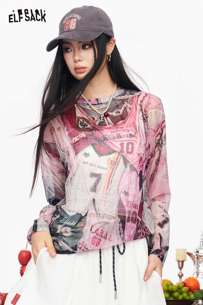 ELFSACK Mesh Jersey Print See-through Long Sleeve T-shirt