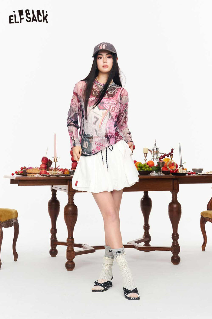 ELFSACK Mesh Jersey Print See-through Long Sleeve T-shirt