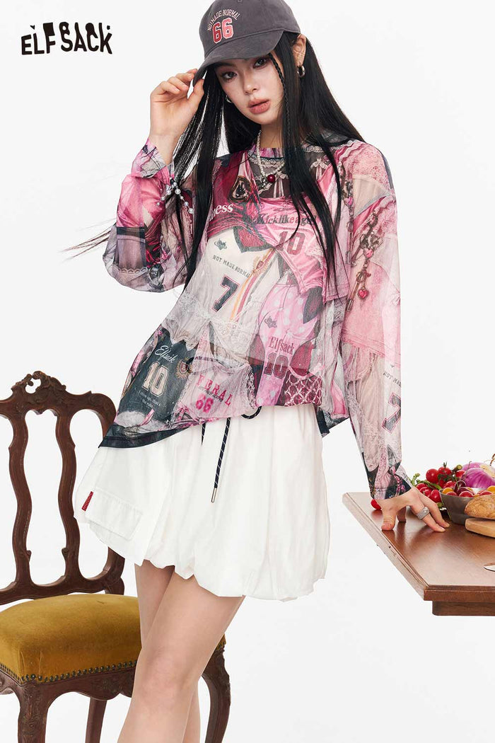 ELFSACK Mesh Jersey Print See-through Long Sleeve T-shirt