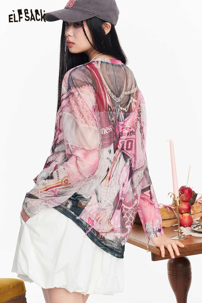 ELFSACK Mesh Jersey Print See-through Long Sleeve T-shirt