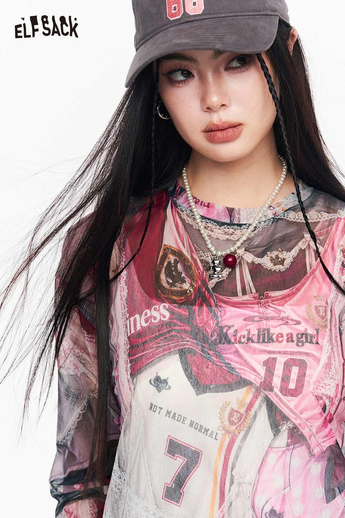 ELFSACK Mesh Jersey Print See-through Long Sleeve T-shirt