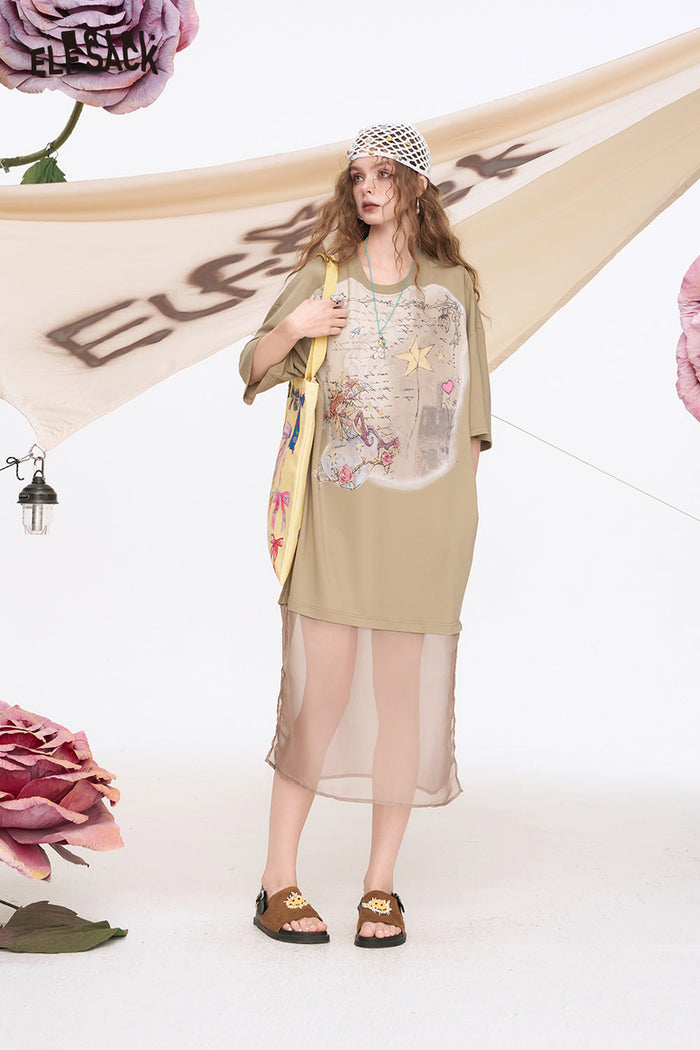 ELFSACK Mesh Printed Short Sleeve Casual Dress