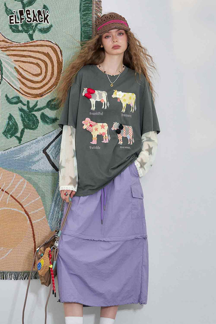 ELFSACK Mesh Splicing Loose Printed Long Sleeve T-Shirt