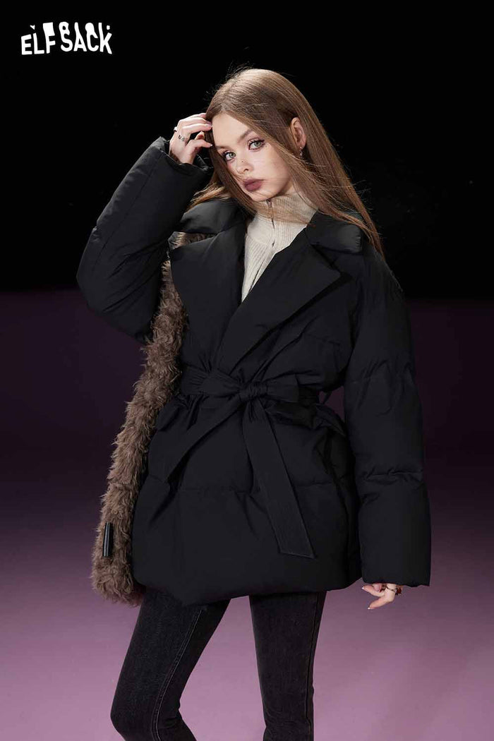 ELFSACK Mid Length Down Coat Warm Winter Hooded Design Jacket