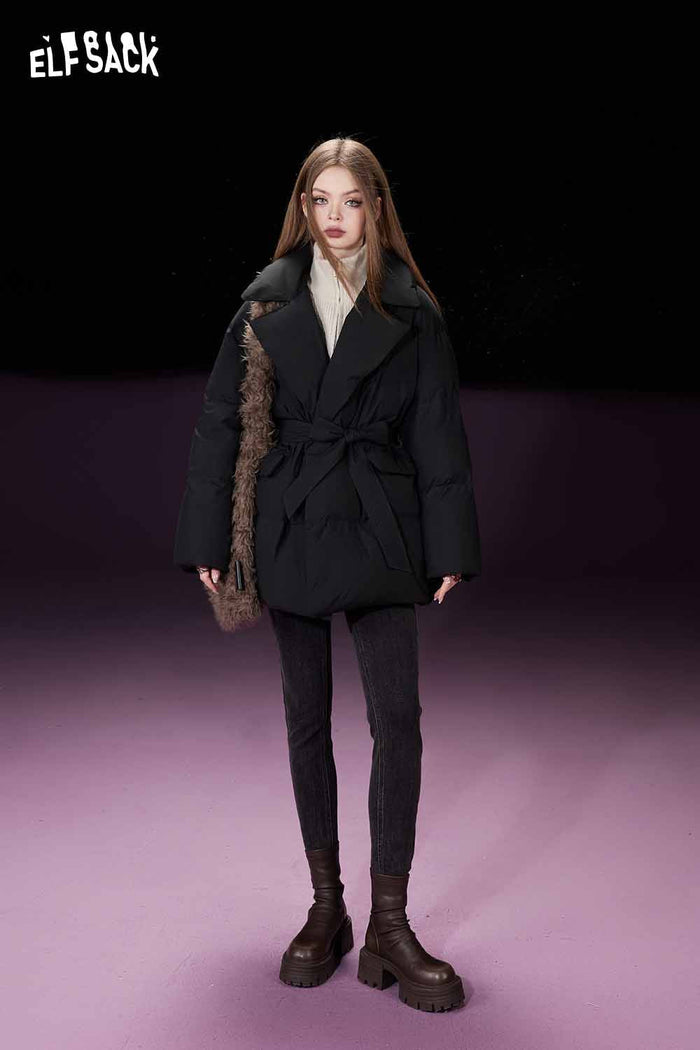 ELFSACK Mid Length Down Coat Warm Winter Hooded Design Jacket