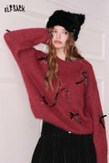ELFSACK Minimalist 3D Bow Embellishment Sequin Heart Round Neck Cropped Sweater