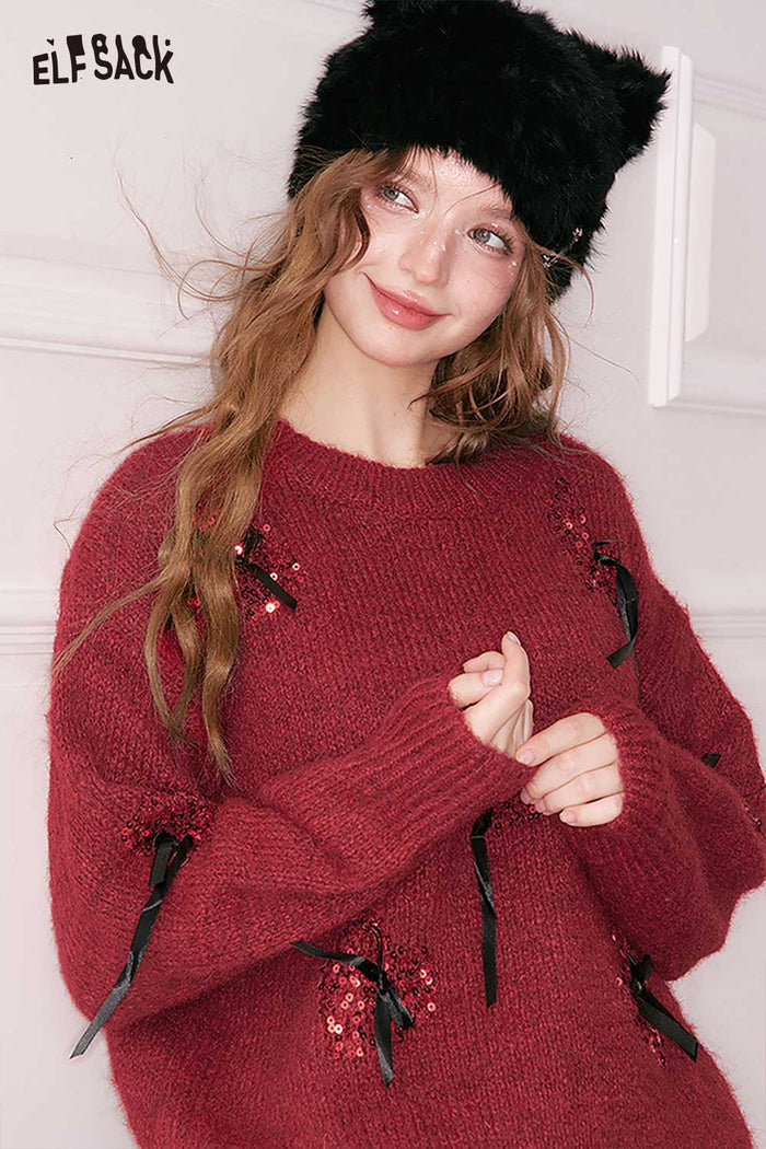 ELFSACK Minimalist 3D Bow Embellishment Sequin Heart Round Neck Cropped Sweater
