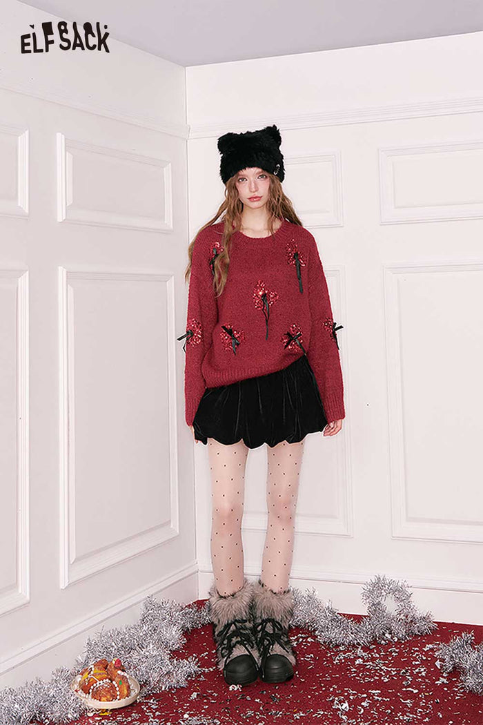 ELFSACK Minimalist 3D Bow Embellishment Sequin Heart Round Neck Cropped Sweater