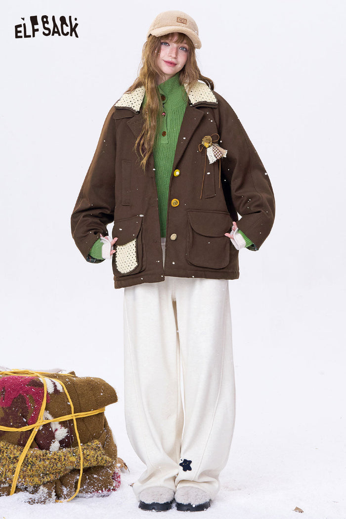 ELFSACK Minimalist Casual Loose 3D Embellishment Contrast Lapel Coat