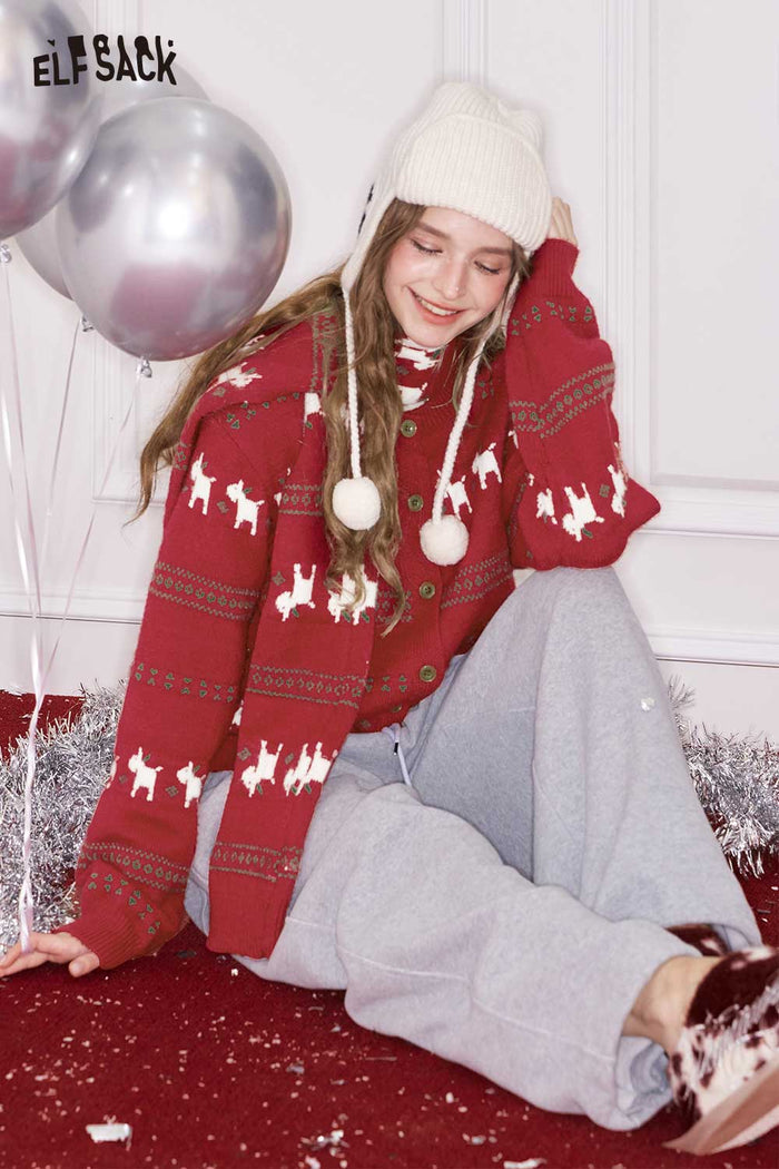 ELFSACK Minimalist Casual Loose Christmas Animal Graphic Round Neck Knit Cardigan