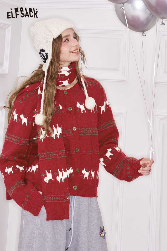 ELFSACK Minimalist Casual Loose Christmas Animal Graphic Round Neck Knit Cardigan
