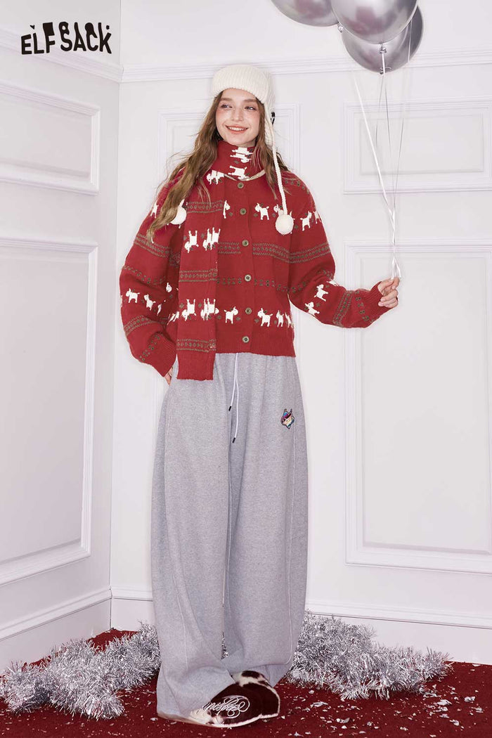 ELFSACK Minimalist Casual Loose Christmas Animal Graphic Round Neck Knit Cardigan