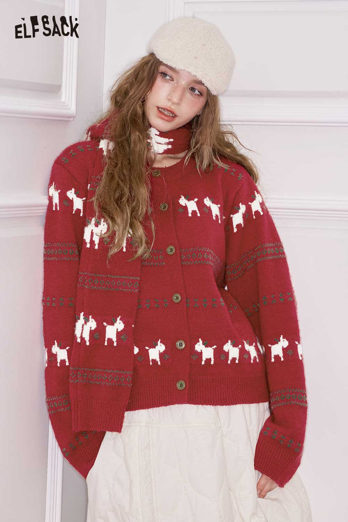 ELFSACK Minimalist Casual Loose Christmas Animal Graphic Round Neck Knit Cardigan