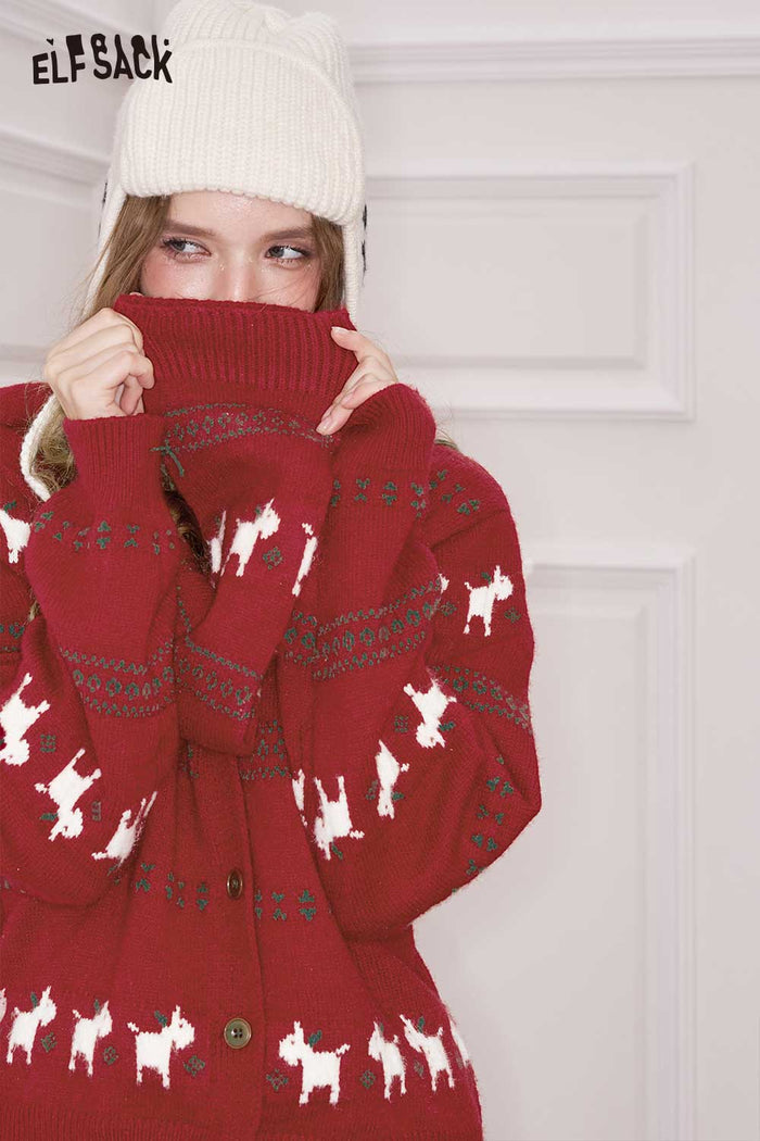 ELFSACK Minimalist Casual Loose Christmas Animal Graphic Round Neck Knit Cardigan