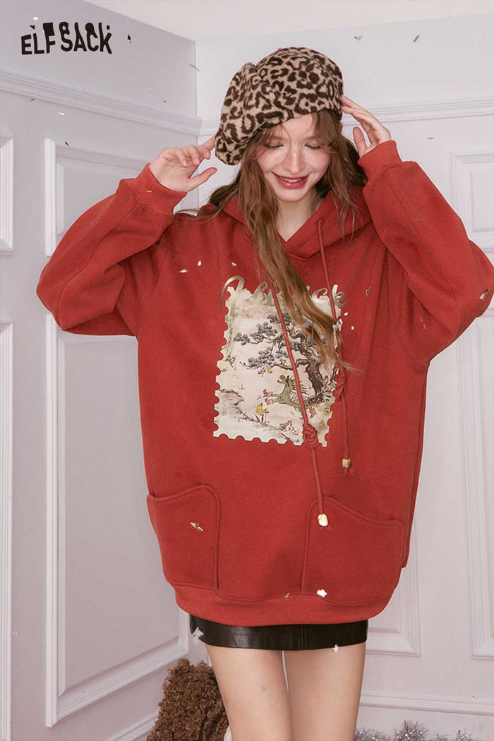 ELFSACK Minimalist Casual Loose Graphic Hooded Sweatshirt