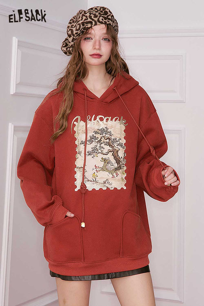 ELFSACK Minimalist Casual Loose Graphic Hooded Sweatshirt