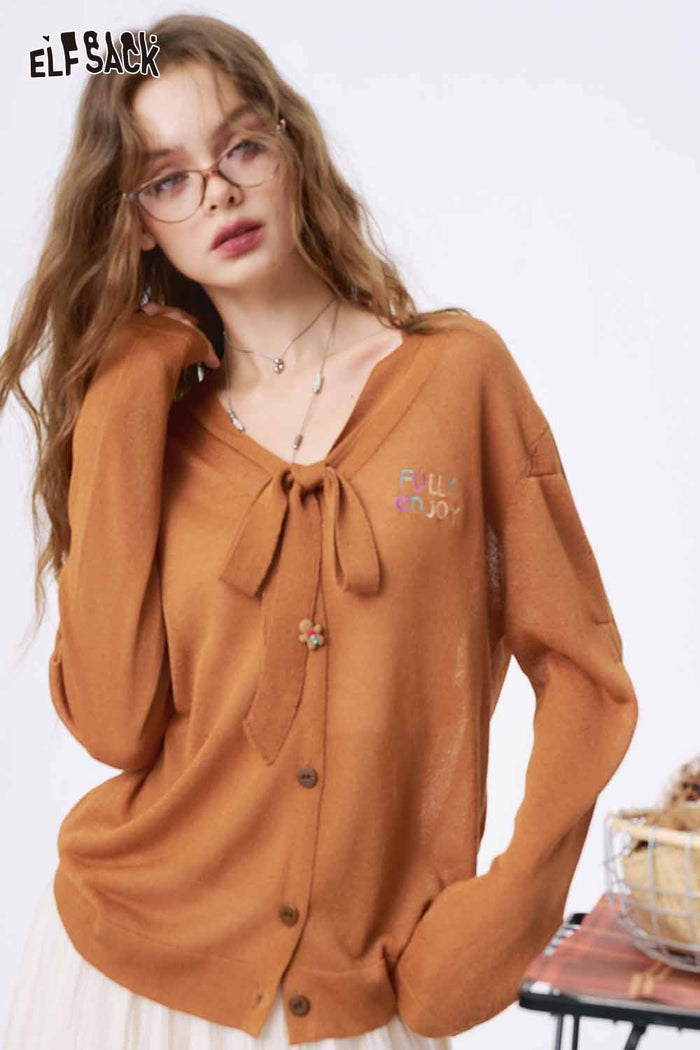 ELFSACK Minimalist French Neckline Tie Bow Knitwear Cardigan