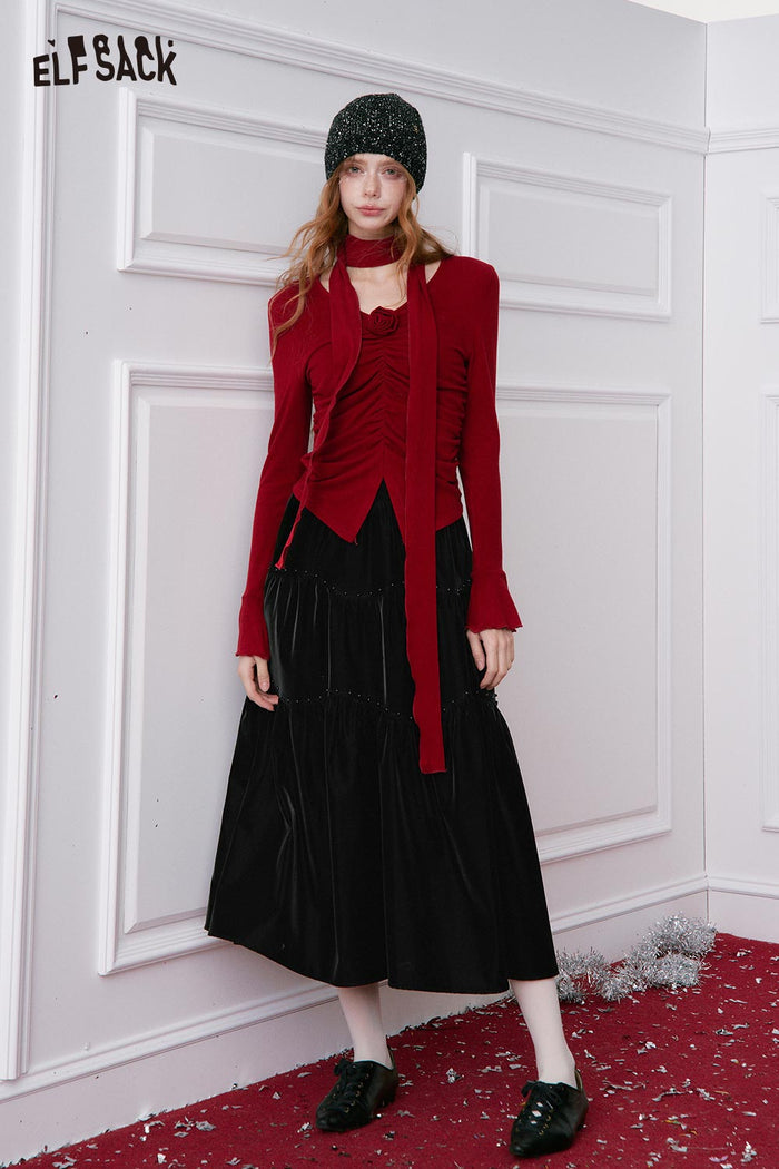 ELFSACK Minimalist Solid Pleated PU Leather Maxi Flare Skirt