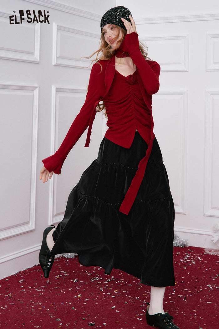 ELFSACK Minimalist Solid Pleated PU Leather Maxi Flare Skirt