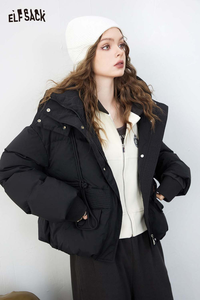 ELFSACK Minimalist Vintage Hooded Solid Short Down Jacket