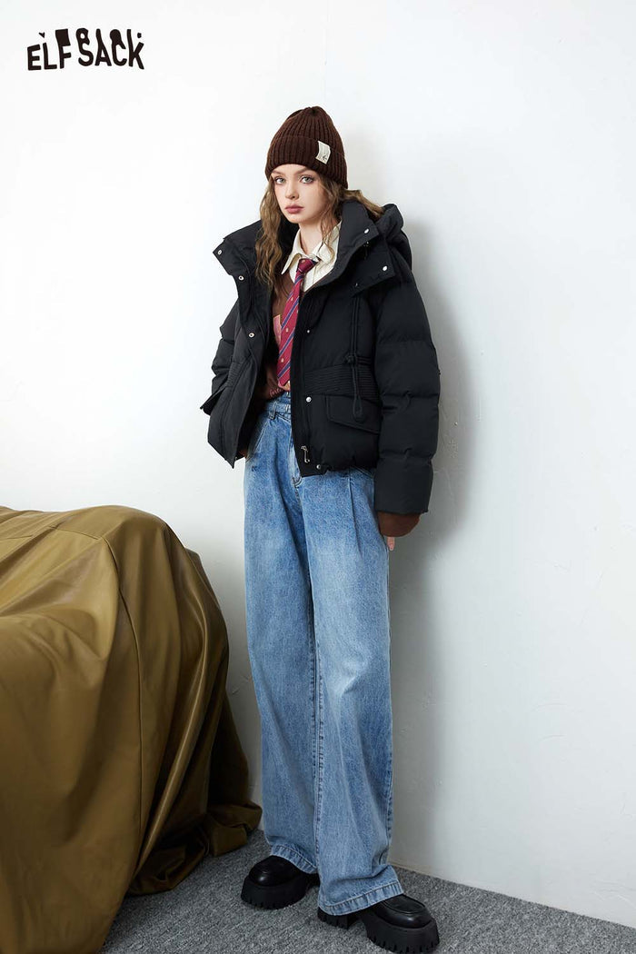 ELFSACK Minimalist Vintage Hooded Solid Short Down Jacket