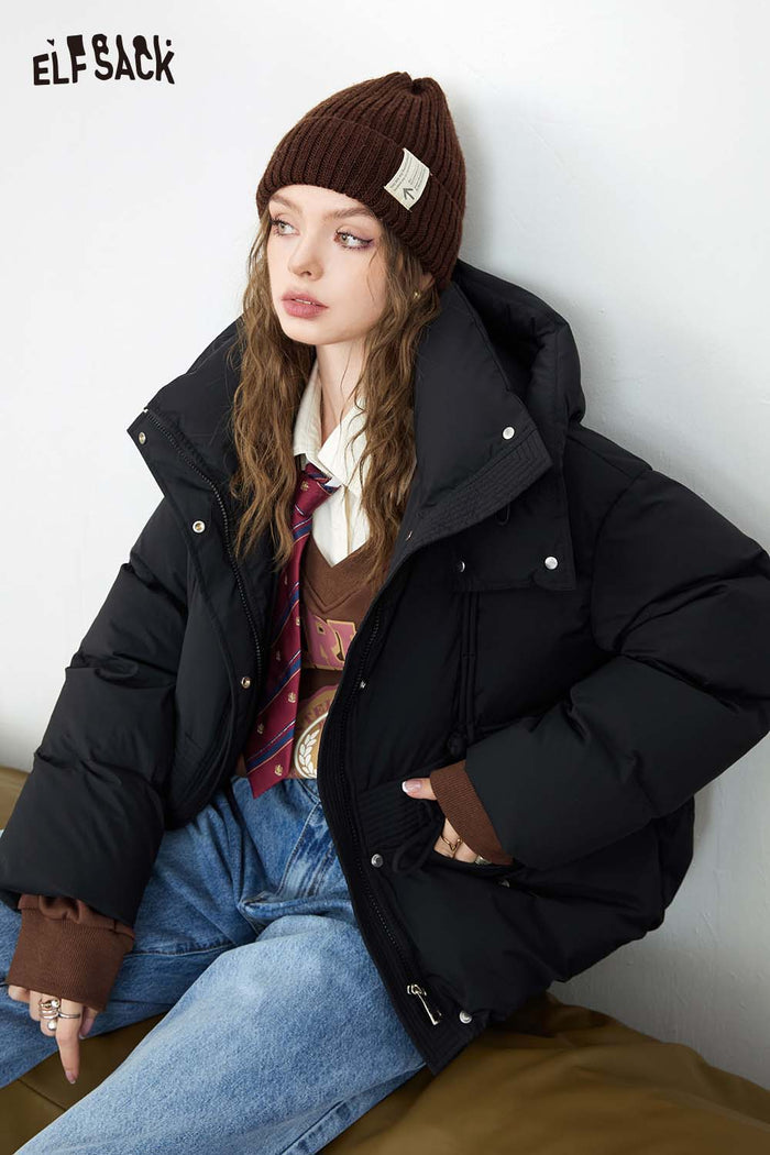 ELFSACK Minimalist Vintage Hooded Solid Short Down Jacket