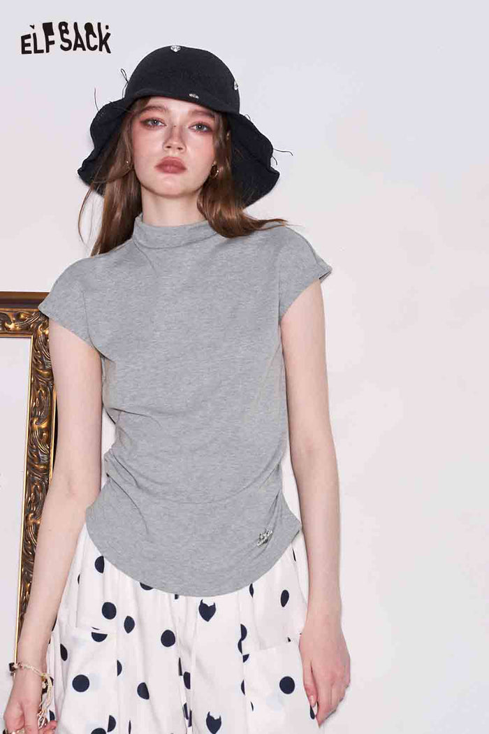 ELFSACK Mock Neck Ruched Cap Sleeve T-Shirt