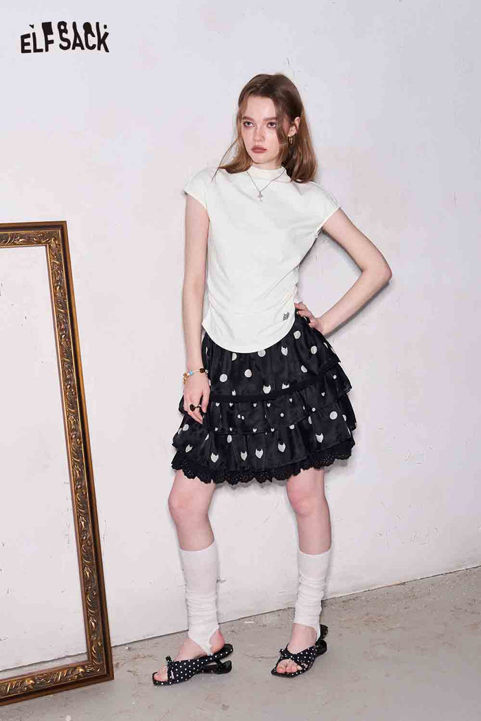 ELFSACK Mock Neck Ruched Cap Sleeve T-Shirt