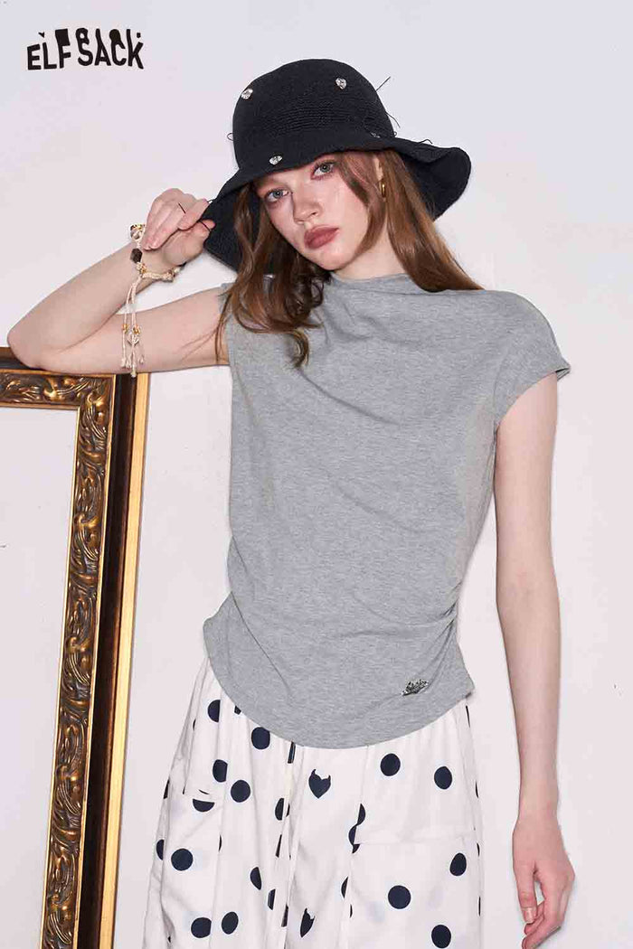 ELFSACK Mock Neck Ruched Cap Sleeve T-Shirt