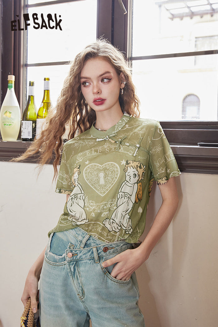 ELFSACK Modern Chinese Style Angel Print T-shirt with Frog Buttons