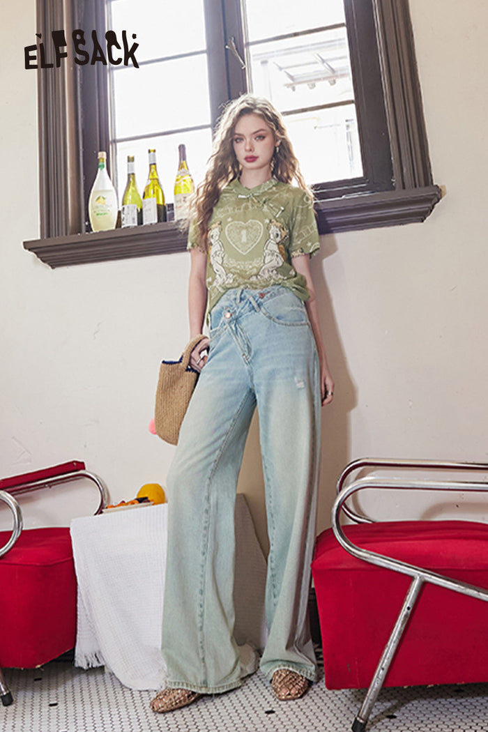 ELFSACK Modern Chinese Style Angel Print T-shirt with Frog Buttons