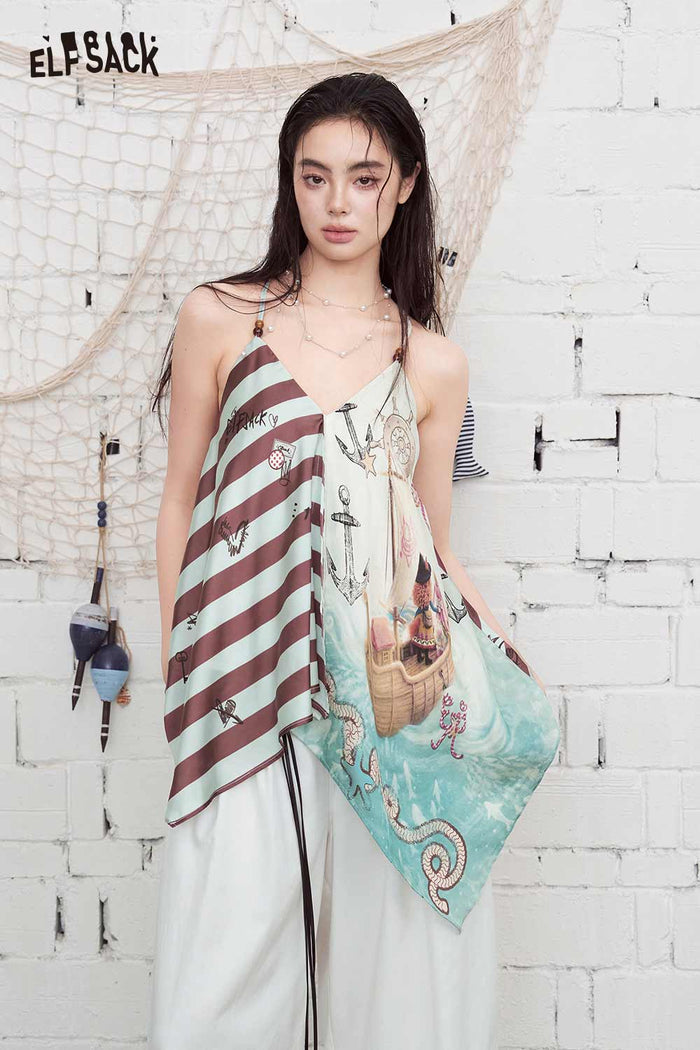 ELFSACK Nautical Print Asymmetrical Chiffon Cami