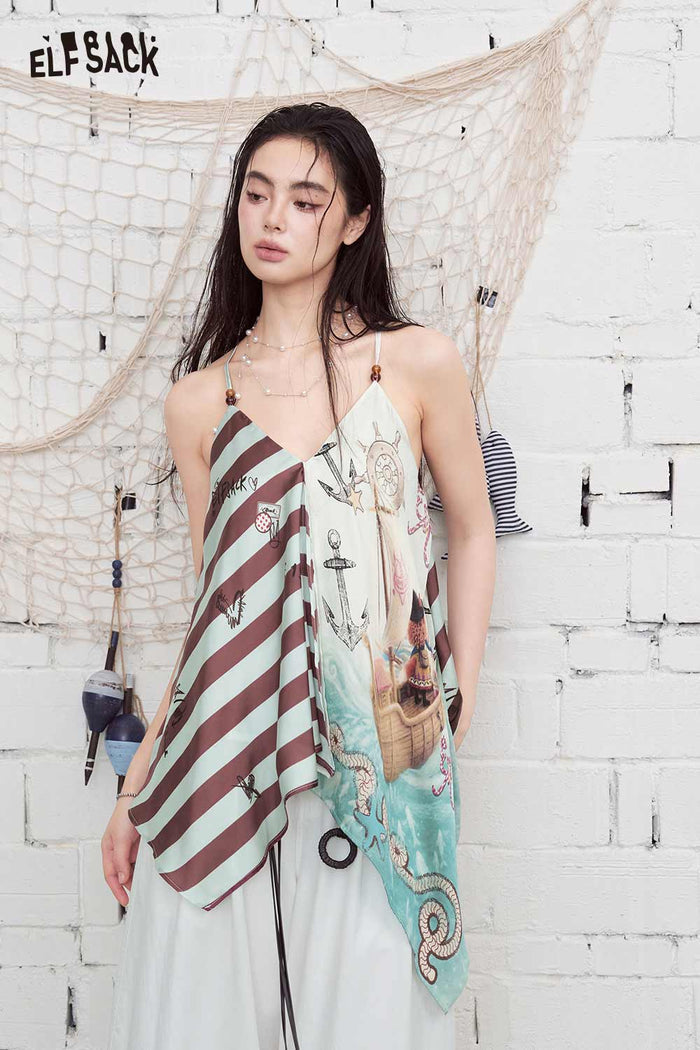 ELFSACK Nautical Print Asymmetrical Chiffon Cami