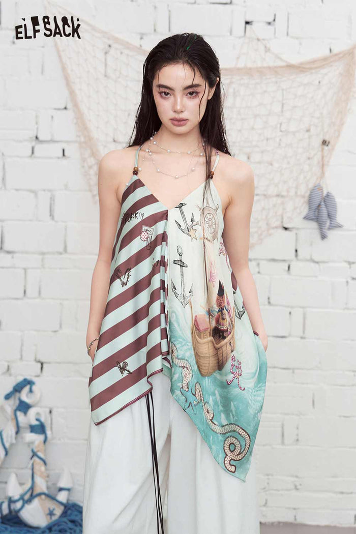 ELFSACK Nautical Print Asymmetrical Chiffon Cami