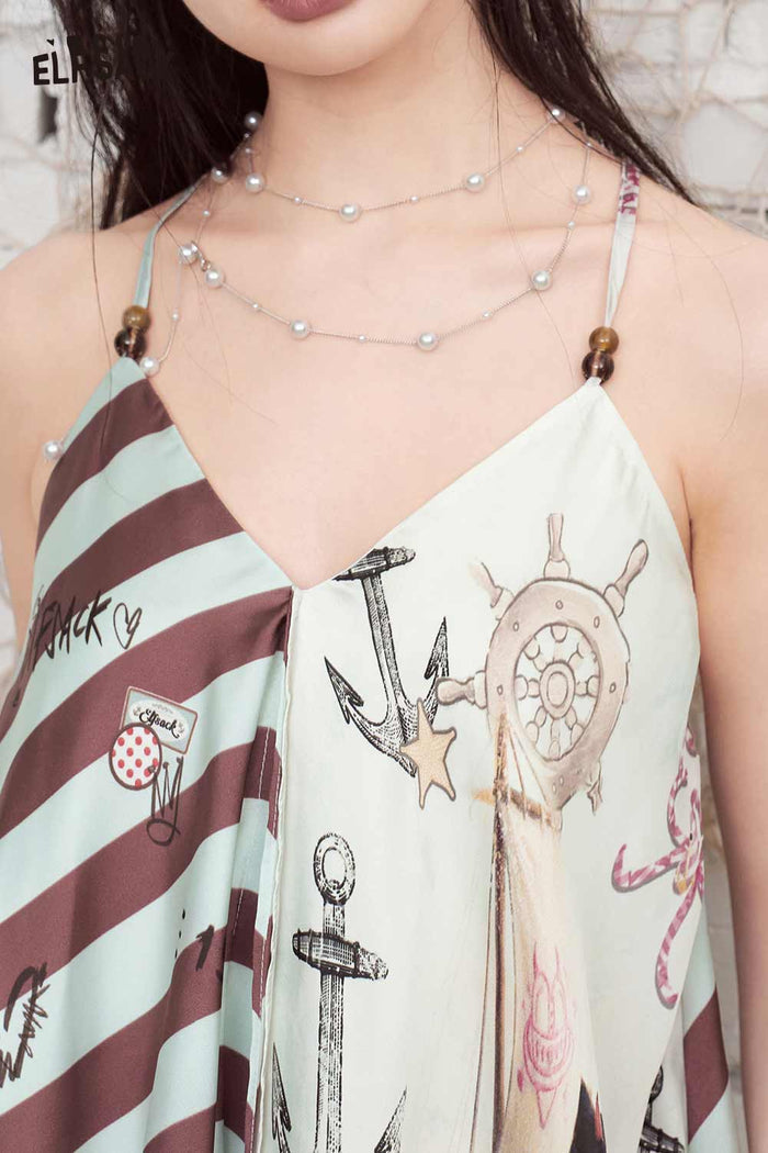ELFSACK Nautical Print Asymmetrical Chiffon Cami