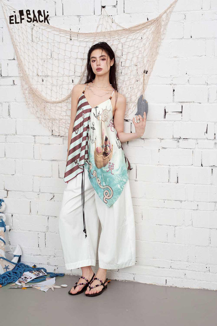 ELFSACK Nautical Print Asymmetrical Chiffon Cami