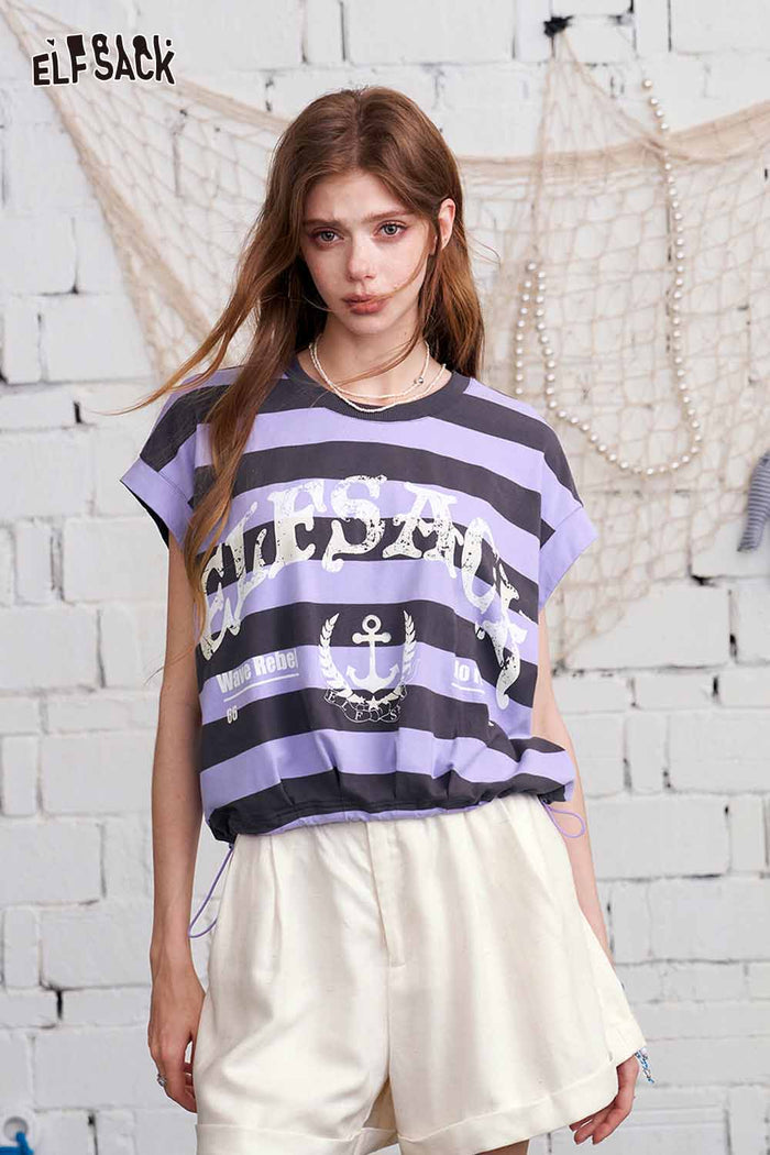 ELFSACK Nautical Stripe Cropped Elastic Hem Top