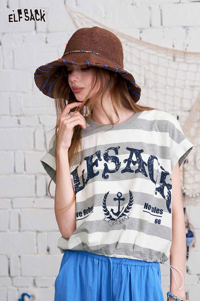 ELFSACK Nautical Stripe Cropped Elastic Hem Top