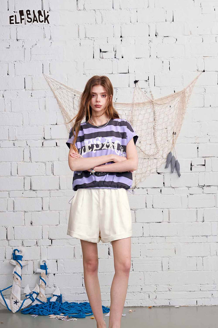 ELFSACK Nautical Stripe Cropped Elastic Hem Top