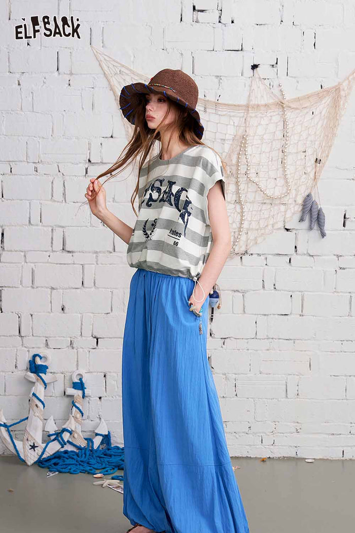 ELFSACK Nautical Stripe Cropped Elastic Hem Top