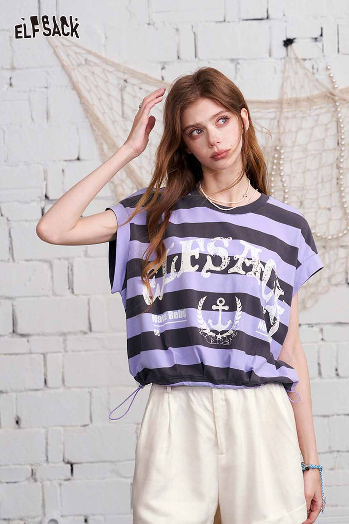ELFSACK Nautical Stripe Cropped Elastic Hem Top