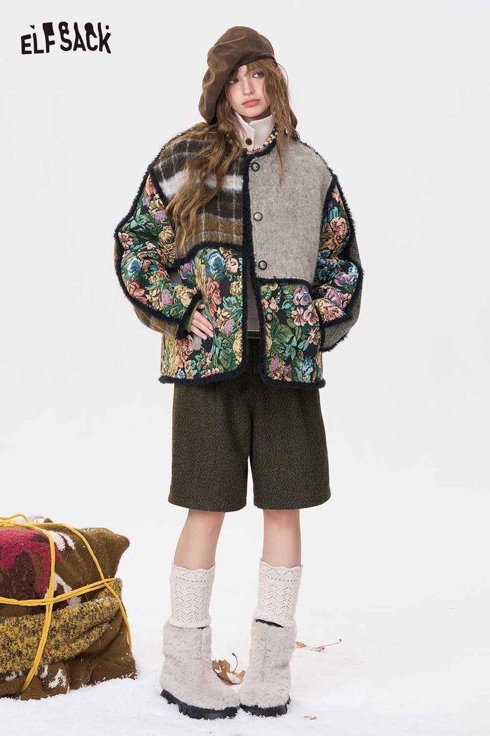 ELFSACK New Oriental Design Patchwork Floral Sleeve Coat