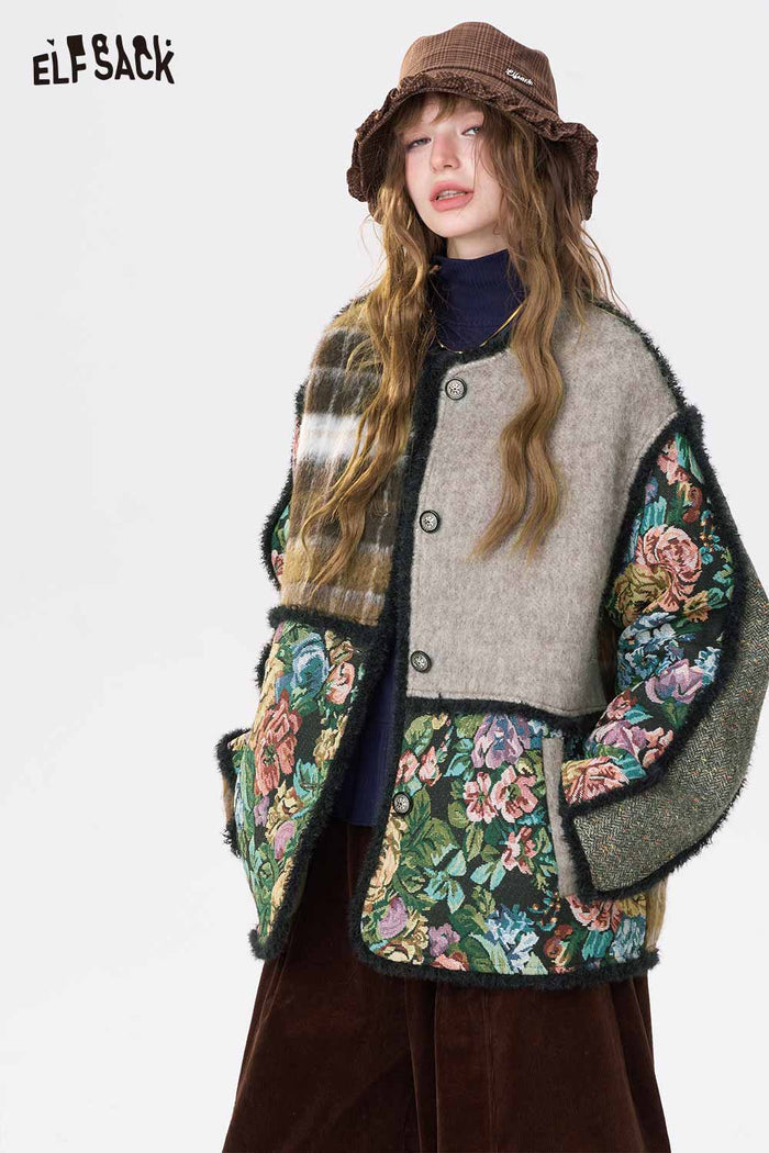 ELFSACK New Oriental Design Patchwork Floral Sleeve Coat