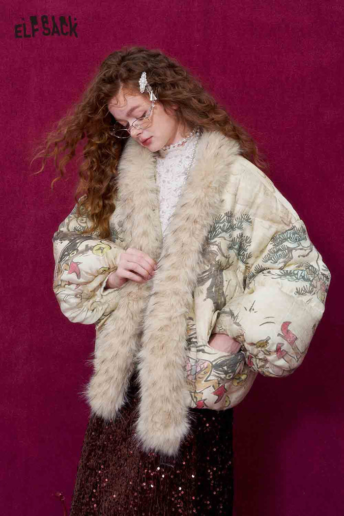 ELFSACK New Oriental Style Pony Print Fur Collar Puffer Down Jacket