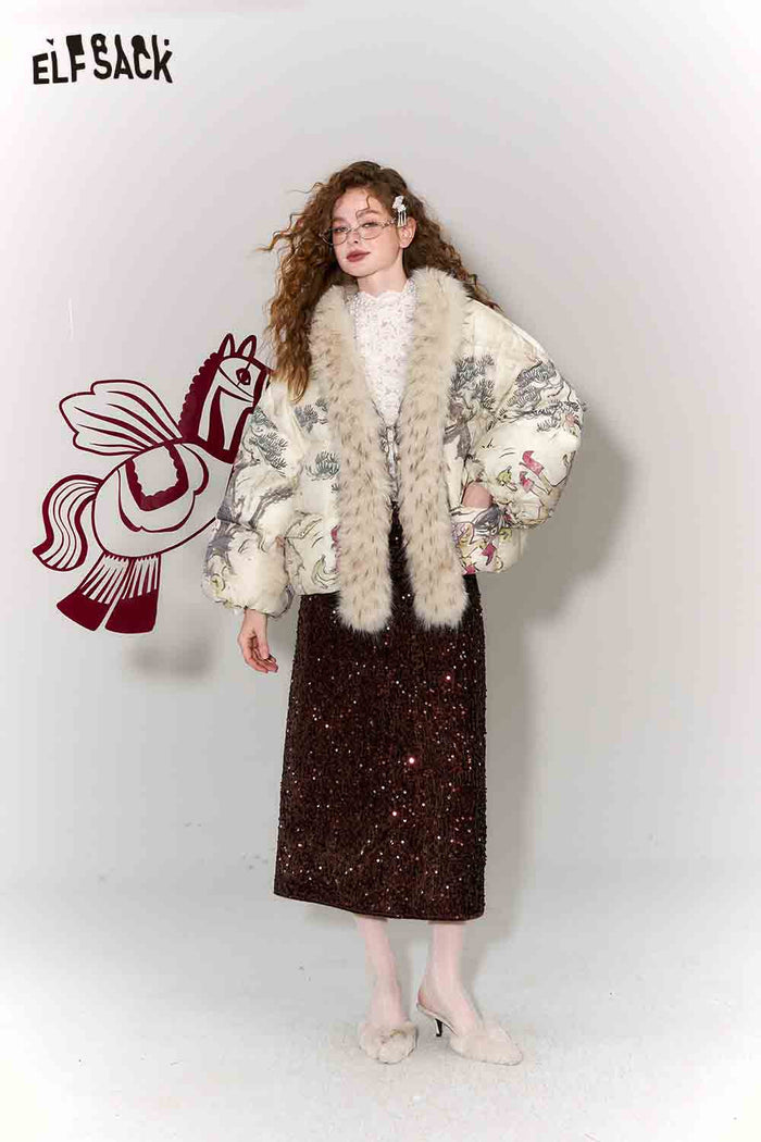 ELFSACK New Oriental Style Pony Print Fur Collar Puffer Down Jacket