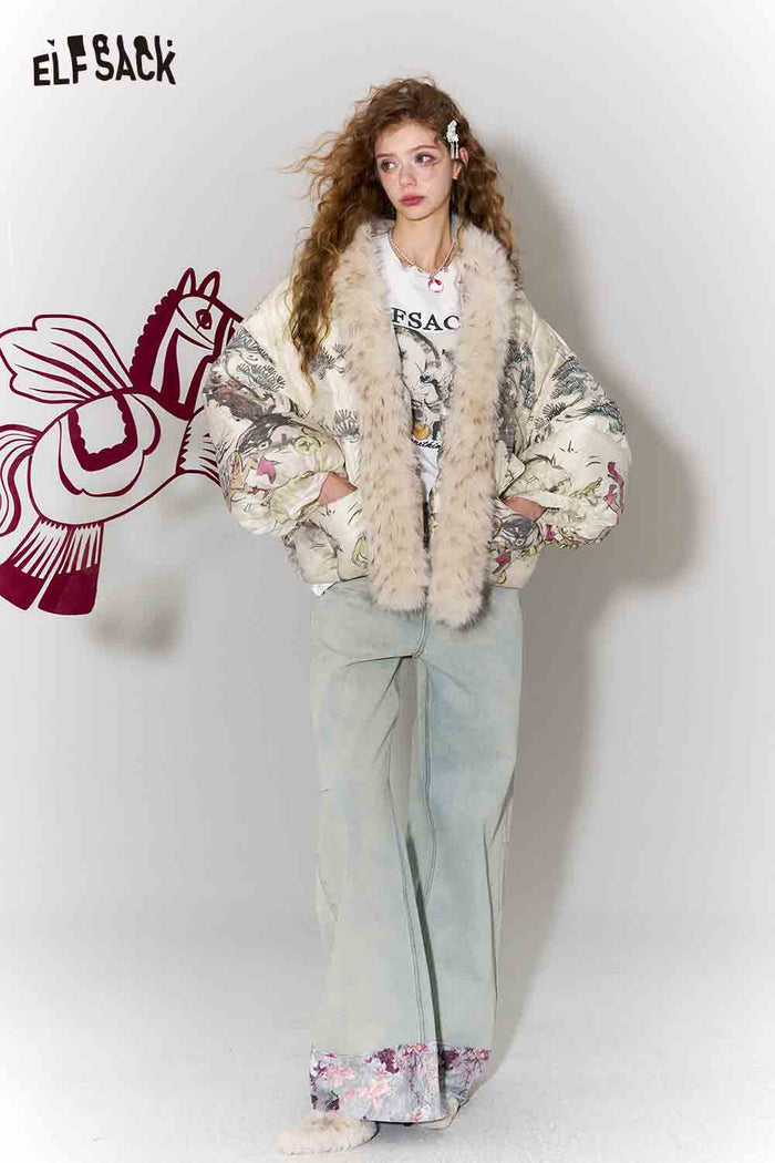 ELFSACK New Oriental Style Pony Print Fur Collar Puffer Down Jacket