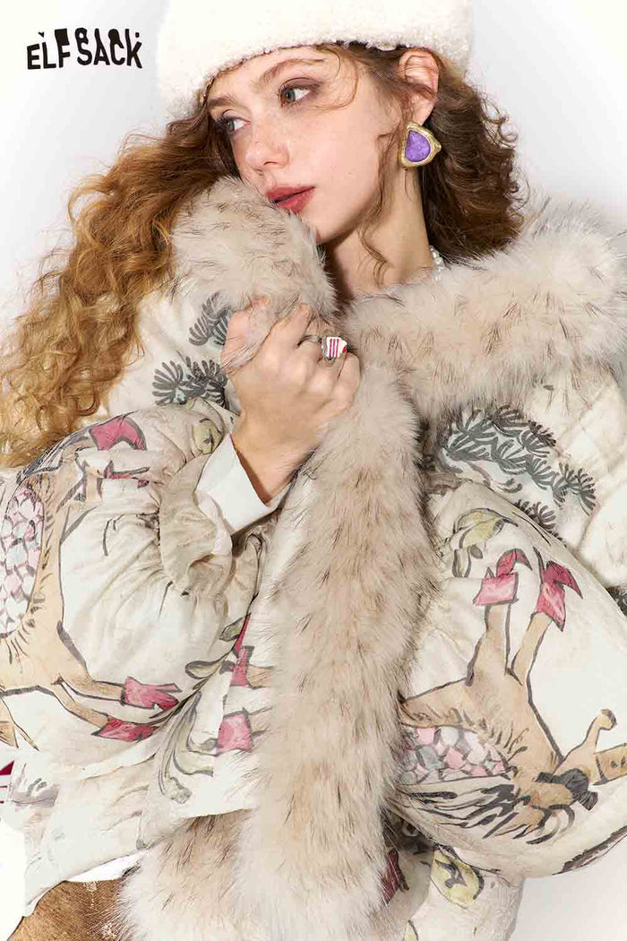 ELFSACK New Oriental Style Pony Print Fur Collar Puffer Down Jacket