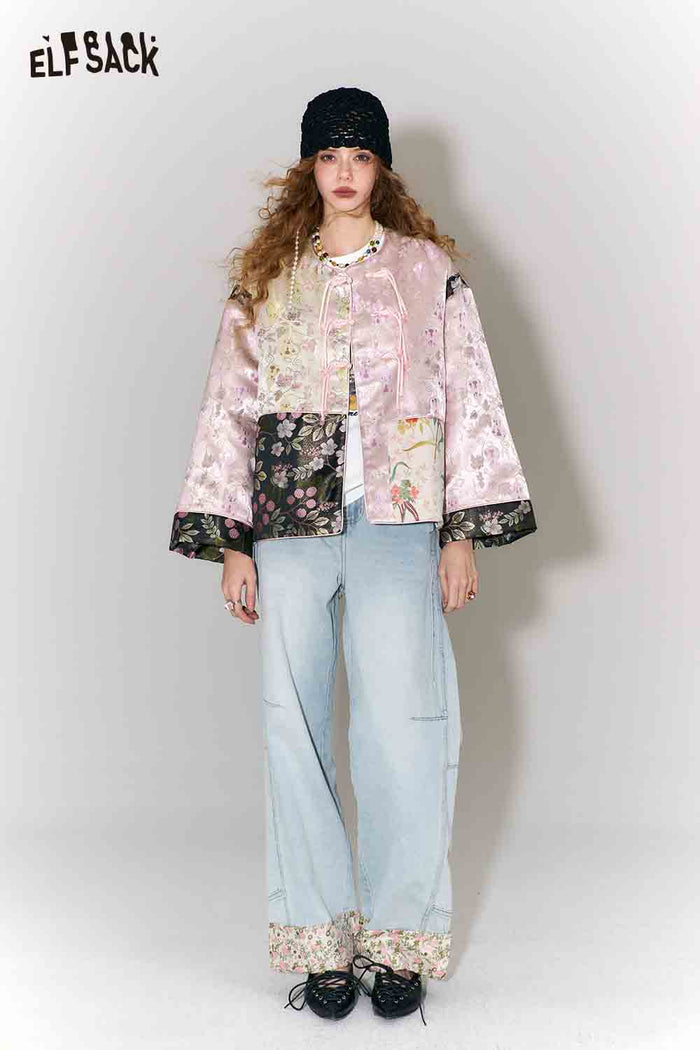 ELFSACK New Oriental Style Satin Jacquard Frog Buttons Short Jacket